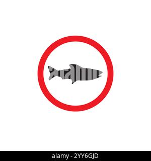Sagoma del pesce piatto vettoriale in cerchio rosso. nessun segno di pesca isolato su sfondo bianco Illustrazione Vettoriale