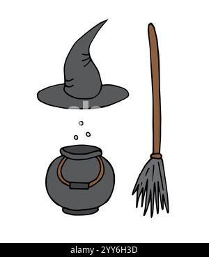 Set vettoriale di boodle disegnate a mano colorate con ciotola per cappello e scopa isolata su sfondo bianco Illustrazione Vettoriale