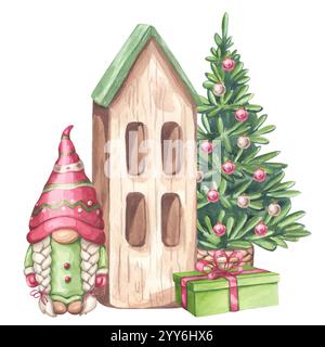 GNOME Girl con abito verde con cappello rosso. Albero di Natale, casa di legno, confezione regalo. Capodanno scandinavo. Disegna a mano l'acquerello Foto Stock