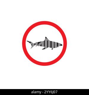 Cartello di avvertimento vettoriale piatto con silhouette di squalo in cerchio rosso isolato su sfondo bianco Illustrazione Vettoriale