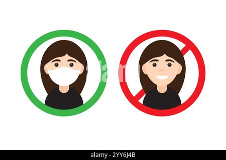 Vettoriale cartone animato piatto non entrata senza segni di maschera medica. Due donne in cerchio isolate su sfondo bianco Illustrazione Vettoriale