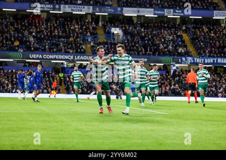 Stamford Bridge, Londra, Regno Unito. 19 dicembre 2024. UEFA Conference League Football, Chelsea contro Shamrock Rovers; Markus Poom di Shamrock Rovers festeggia segnando il suo primo gol per 1-1 al 26° minuto Credit: Action Plus Sports/Alamy Live News Foto Stock