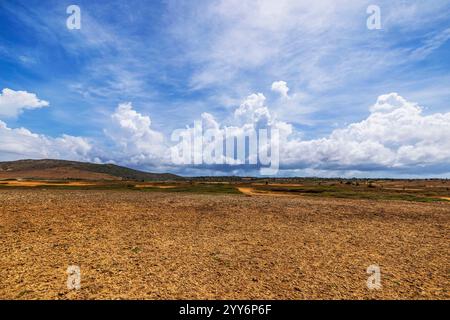 Paesaggio desertico del Parco Nazionale di Arikok sull'isola di Aruba sotto il cielo blu nuvoloso. Foto Stock