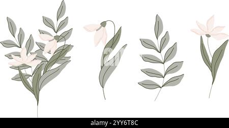 Elegante illustrazione botanica piatta disegnata a mano con delicati fiori vettoriali di gocce di neve con morbide foglie verdi. Lo stile minimalista ha forme organiche e. Illustrazione Vettoriale