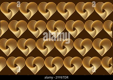 Sfondo elegante con cuori sfumati dorati con design a spirale su sfondo marrone scuro. Foto Stock