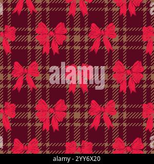 Motivo in tweed rosso Bordeaux con motivo a quadri e fiocco Coquette di San Valentino. Stampa geometrica a quadri Love romantico pacco di carta regalo. Sfondo inglese classico Illustrazione Vettoriale