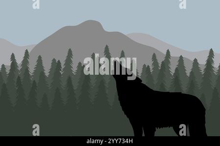 Silhouette di lupo ulululante vettoriale in un paesaggio pianeggiante con foreste di abeti rossi e montagne Illustrazione Vettoriale