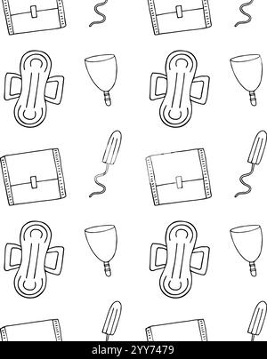 Pattern vettoriale senza giunture di tamponi mestruali disegnati a mano e tazza isolati su sfondo bianco Illustrazione Vettoriale