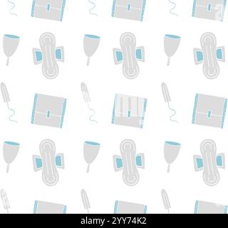 Pattern vettoriale senza cuciture di diversi tamponi mestruali disegnati a mano e tazza isolati su sfondo bianco Illustrazione Vettoriale