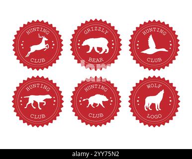 Set vettoriale con logo da caccia rotondo piatto e rosso con silhouette di animali isolata su sfondo bianco Illustrazione Vettoriale