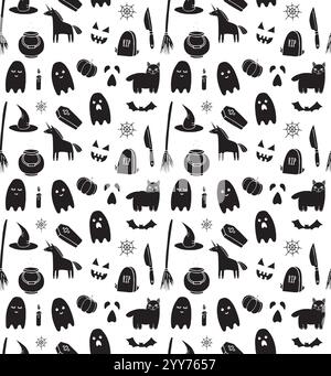Pattern vettoriale senza cuciture di doodle disegnati a mano in nero, elementi Halloween isolati su sfondo bianco Illustrazione Vettoriale