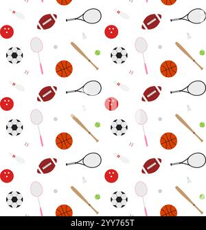 Modello vettoriale senza cuciture di attrezzature sportive a cartoni animati isolate su sfondo bianco Illustrazione Vettoriale