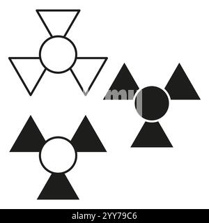 Simboli di pericolo di radiazioni. Forme grafiche triangolari. Icone di avvertenza nere. Illustrazione del pericolo vettoriale. Illustrazione Vettoriale