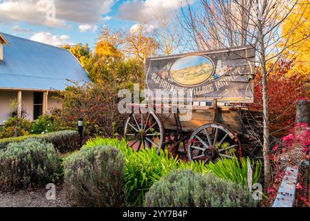 Villaggio tedesco di Hahndorf, Adelaide Hills, Australia del Sud - 1° maggio 2021: Cartello del vecchio mercato del villaggio di Hahndorf sul carrello d'epoca nel giardino autunnale visto da Foto Stock