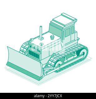 Bulldozer isometrico isolato su sfondo bianco. Macchina per attrezzature edili. Illustrazione vettoriale. Stile contorno. Veicolo da costruzione. Illustrazione Vettoriale