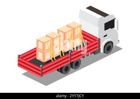 Autocarro da carico isometrico a pianale con scatole. Trasporto commerciale. Logistica. Oggetto città per infografica. Illustrazione vettoriale. Macchina per carrozza di bene Illustrazione Vettoriale