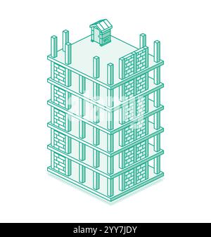 Cantiere con grattacielo. Processo di costruzione di un edificio a piu' piani. Tecnologia industriale. Illustrazione vettoriale. Stile contorno. Isometrico. Illustrazione Vettoriale