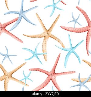 Stelle marine colorate, motivo senza cuciture. Illustrazione ad acquerello disegnata a mano isolata. Fondo subacqueo, animale oceanico. Mediterraneo e tropicale Foto Stock