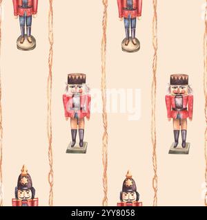 Fantasia senza cuciture dello Schiaccianoci, soldato giocattolo in legno. Illustrazione disegnata a mano con decorazione dell'albero di Natale vintage ad acquerello. Decorazioni a righe per le feste Foto Stock