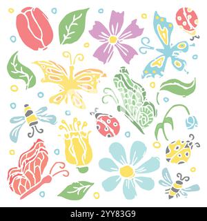 Illustrazione floreale di primavera con fiori, farfalle, api e coccinelle. Sfondo fiori di Doodle Illustrazione Vettoriale