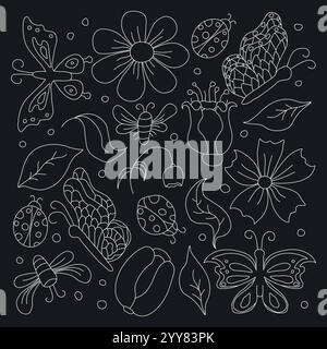 Illustrazione floreale di primavera con fiori, farfalle, api e coccinelle. Sfondo fiori di Doodle Illustrazione Vettoriale