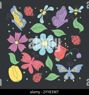 Illustrazione floreale di primavera con fiori, farfalle, api e coccinelle. Sfondo fiori di Doodle Illustrazione Vettoriale