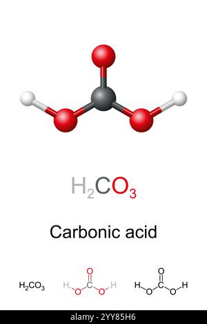 Acido carbonico, H2CO3, modello molecolare e struttura chimica. Modello a sfera e bastone di un composto che si trasforma rapidamente in acqua e anidride carbonica. Foto Stock