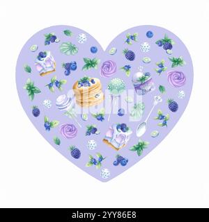Composizione a forma di cuore con pancake, torte, mirtillo, mora, marshmallow nei colori viola e verde. Disegna a mano un'illustrazione isolata ad acquerello per un romantico biglietto di auguri di San Valentino. Foto Stock
