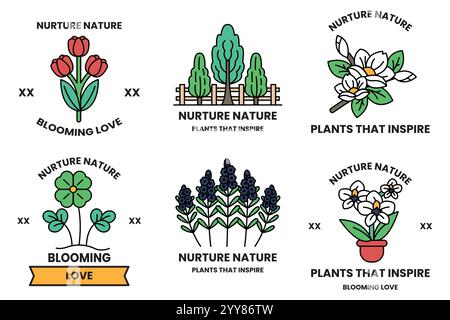 Serie di illustrazioni nel concetto di alberi e fiori in linea Illustrazione Vettoriale