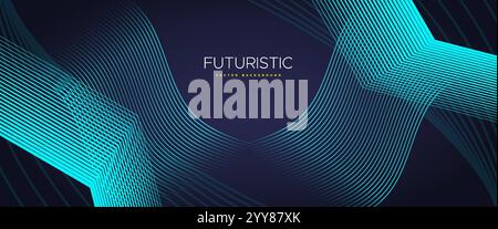 Futuristico sfondo digitale astratto con linee curve blu su un design sfumato scuro. Illustrazione Vettoriale