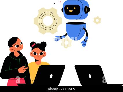 Robot che insegnano ai bambini in Flat Vector Illustration che simboleggia istruzione, tecnologia e apprendimento, isolato su sfondo bianco. Illustrazione Vettoriale