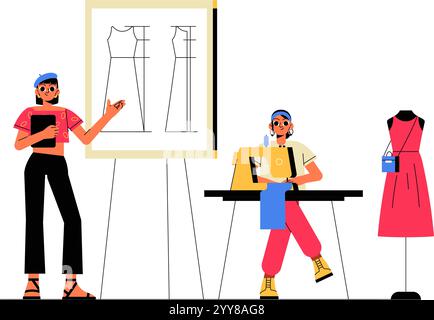 Stilista di moda con Sketch e Tailor alla macchina da cucire in illustrazione vettoriale piatta che simboleggia creatività, moda e design, isolato su bianco Illustrazione Vettoriale