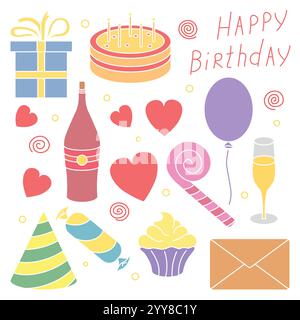 Icone di buon compleanno. Sfondo compleanno. Illustrazione con torta, confezione regalo, cappello da festa, palloncini Illustrazione Vettoriale