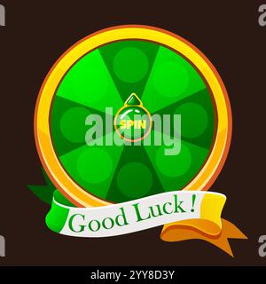 Green Lucky Wheel of Fortune con nastro di testo in bocca al lupo. Gira per il giorno di San Patrizio. Un giro fortunato. Elemento di design del banner casinò per il gioco dell'interfaccia utente Illustrazione Vettoriale