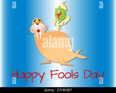 Cartone animato di un tricheco e un pesce su sfondo blu con le parole Happy Fools Day. Giocosa April Fools Day humour felicità Joy Bizzarre Event Clip AR Illustrazione Vettoriale