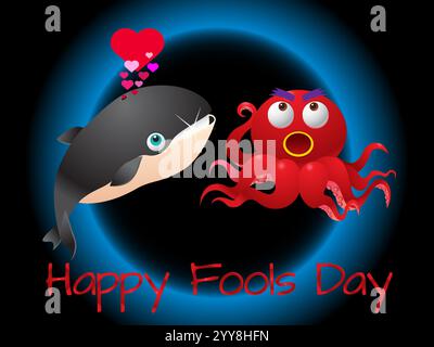 Cartone animato di una balena e un polpo con cuori sul petto. La balena guarda il polpo con un sorriso. Giocosa aprile Fools Day Humour Happin Illustrazione Vettoriale