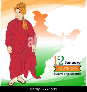 Swami Vivekananda Jayanti il 12 gennaio giornata Nazionale della Gioventù il 12 gennaio Illustrazione Vettoriale