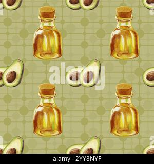 Motivo avocado acquerello. Motivo senza cuciture con avocado e bottiglia di olio su sfondo verde. Bottiglia di olio e metà di avocado con pietra Foto Stock