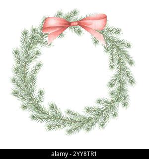 Corona di Natale con rami di abete rosso verde e fiocco rosso. Ramoscelli di abete illustrativo isolati disegnati a mano per i biglietti d'auguri di Capodanno, modello, adesivo, cartolina, etichette e design. Foto Stock