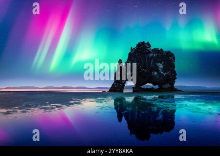 Aurora boreale viola e verde sopra il basalto Hvitserkur sulla penisola di Vatnsnes, Islanda. Splendido paesaggio islandese con luci polari. Auro Foto Stock