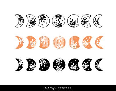 Fasi lunari in fiore con illustrazione vettoriale di fiori e stelle Illustrazione Vettoriale