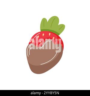 Fragola fresca con cioccolato immersa nella mousse di moka. Illustrazione in stile cartoni animati isolata su uno sfondo bianco. Illustrazione Vettoriale