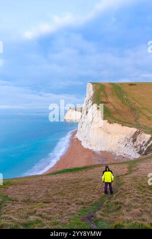 Veduta di Bat's Head, promontorio di gesso sulla costa del Dorset nel sud dell'Inghilterra, in Europa. Foto Stock