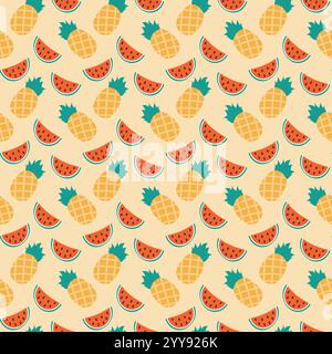 Anguria a fette e ananas intero senza cuciture. Texture di sfondo o sfondo estivo. Wrapping di illustrazioni vettoriali o sfondo promozionale Web, pubblicazione, opuscoli, schede, poster, striscione, etichetta Illustrazione Vettoriale