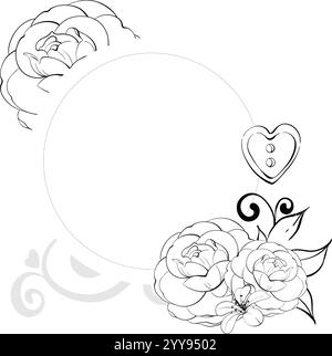 Cornice romantica Roses Circle, modello - splendidi fiori. Vecchio stile retrò, sartoriale per cartoline, tessuti, stampe. Linea vettoriale grafica, disegnata a mano Illustrazione Vettoriale