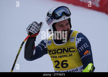 Jared Goldberg del Team United States, 2° posto, gareggia durante la Coppa del mondo di sci alpino Audi FIS, MenÕs Super Giant Race sulla Saslong Slope il 20 dicembre 2024, Val Gardena, Bolzano, Italia. Crediti: Roberto Tommasini/Alamy Live News Foto Stock