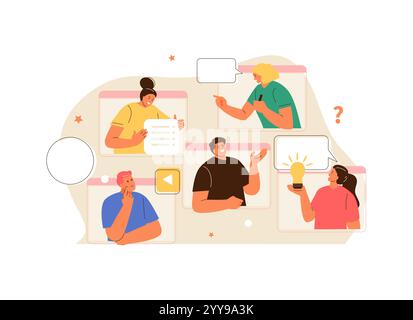 Persone che parlano in videoconferenza. Lavoro in remoto, webinar, videochiamata, team di discussione Illustrazione Vettoriale