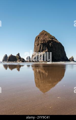 Roccia di fieno riflesso nell'acqua lungo la spiaggia dell'Oregon Foto Stock