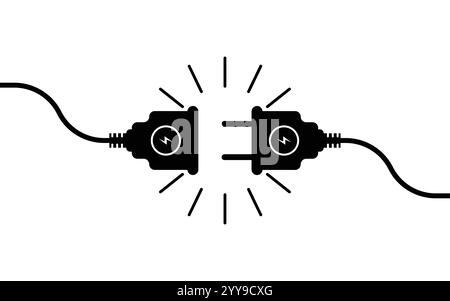 Presa elettrica con spina. Concetto di collegamento e scollegamento. Concetto di connessione di errore 404. Spina elettrica e presa di corrente scollegate. Filo, c Illustrazione Vettoriale