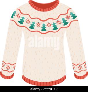 Caldo maglione natalizio caratterizzato da un motivo di alberi verdi e fiocchi di neve rossi, perfetto per le feste invernali, isolato su sfondo bianco Illustrazione Vettoriale